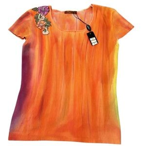 NWT Belldini Top Large Shirt Embellished Orange Tye Dye‎ Boho Embroidered Floral